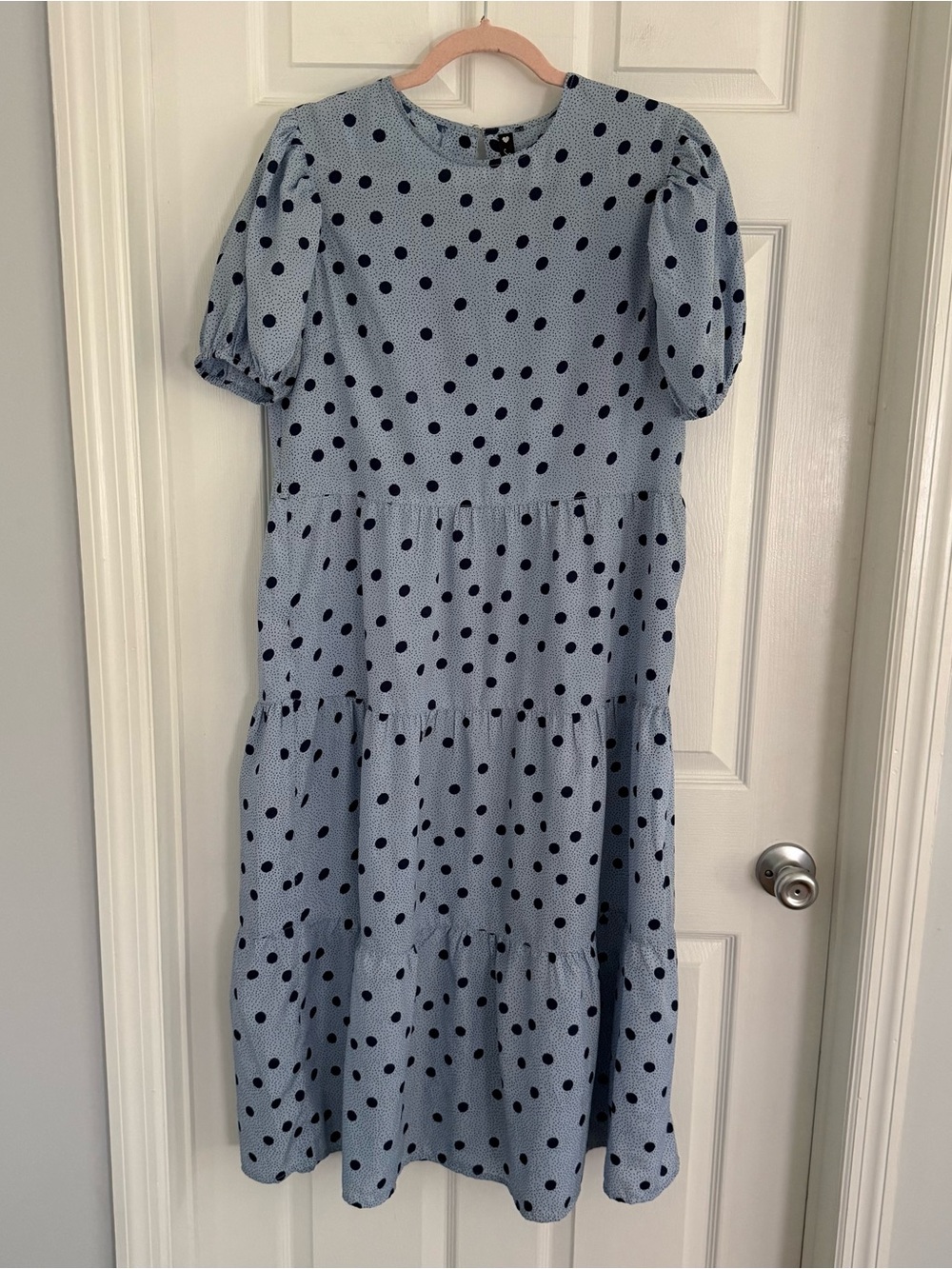ASOS Influence Blue Polka Dot Tiered Midi Dress with Puff Sleeves UK 12 US 8